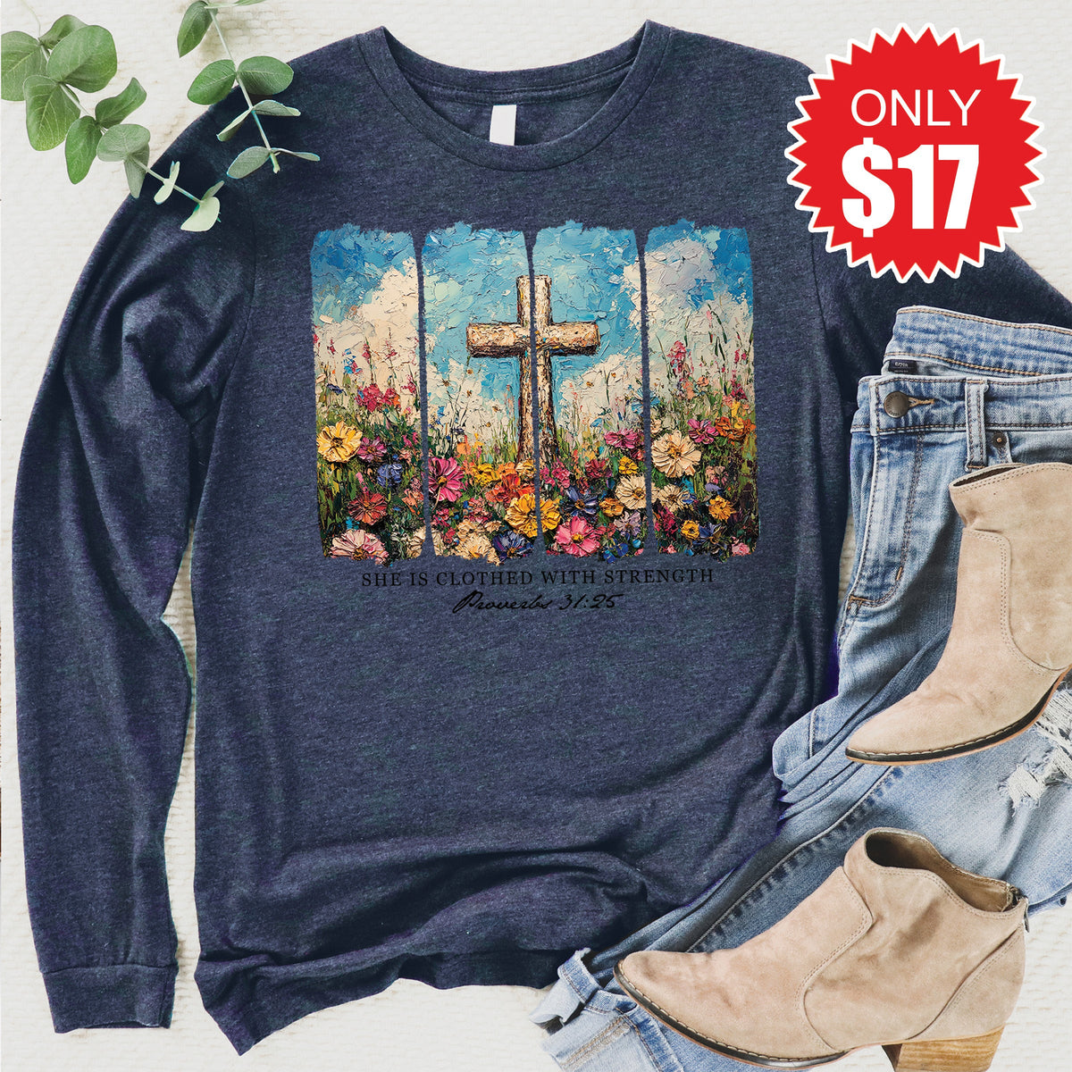 She Is Clothed With Strength Long Sleeve - Heather Navy - 17 product image 1