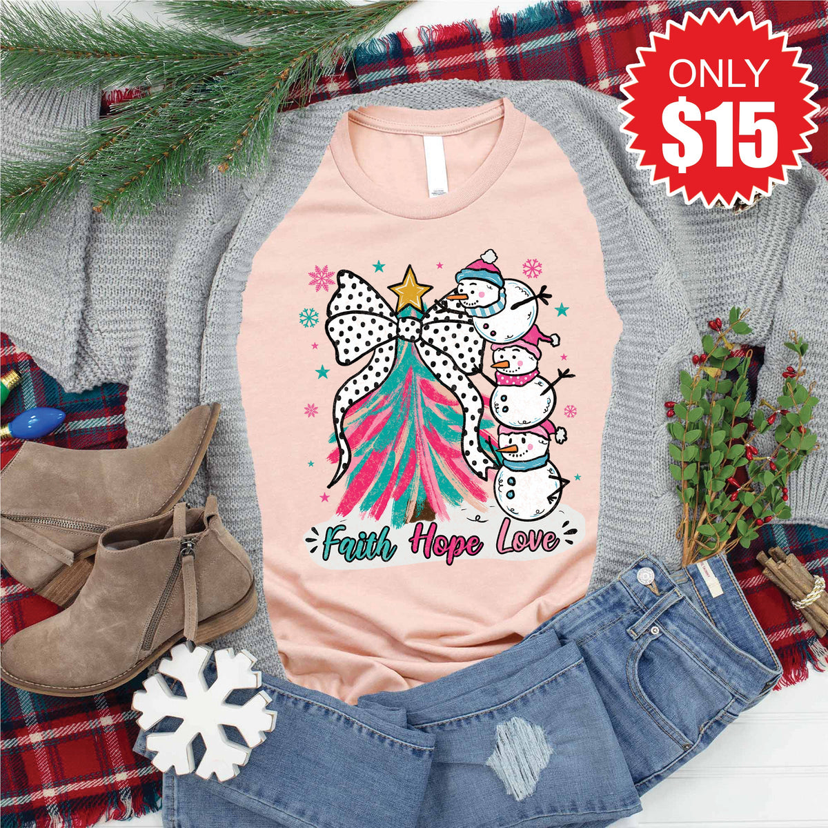 Faith Hope Love Snowman Tee - Heather Peach - 15 product image 1