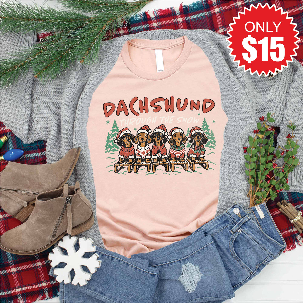 Dachshund Through The Snow Tee - Heather Peach - 15 product image 1