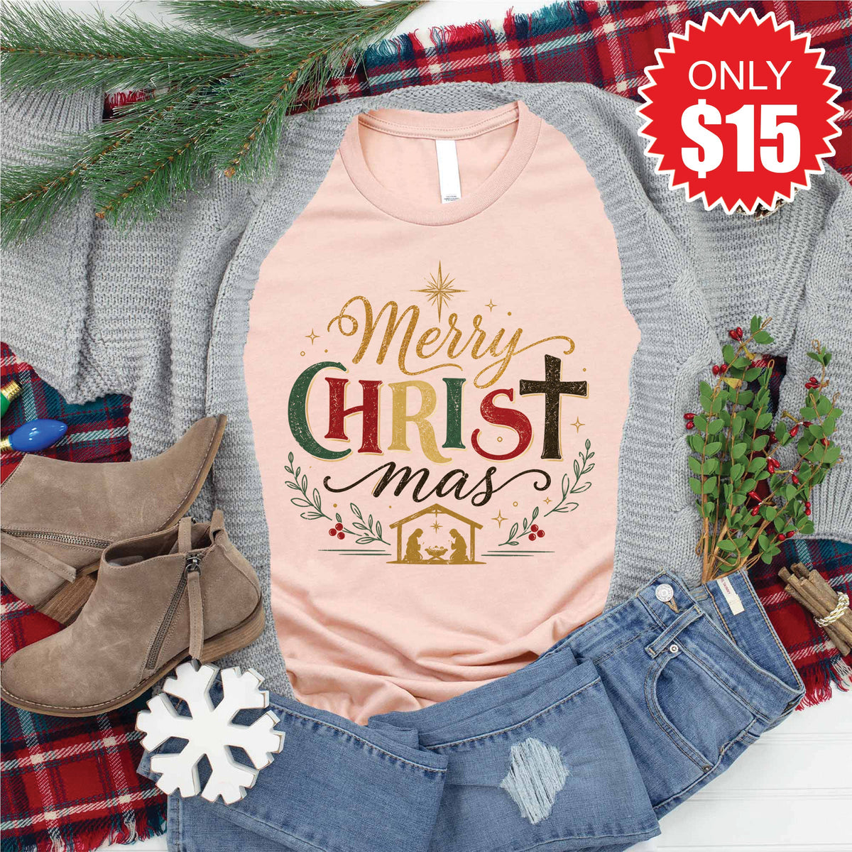 Merry Christ Mas Tee - Heather Peach - 15 product image 1