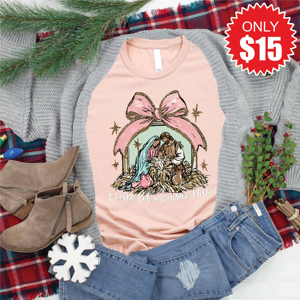 O Come Let Us Adore Him Tee - Heather Peach - 15 product image 1