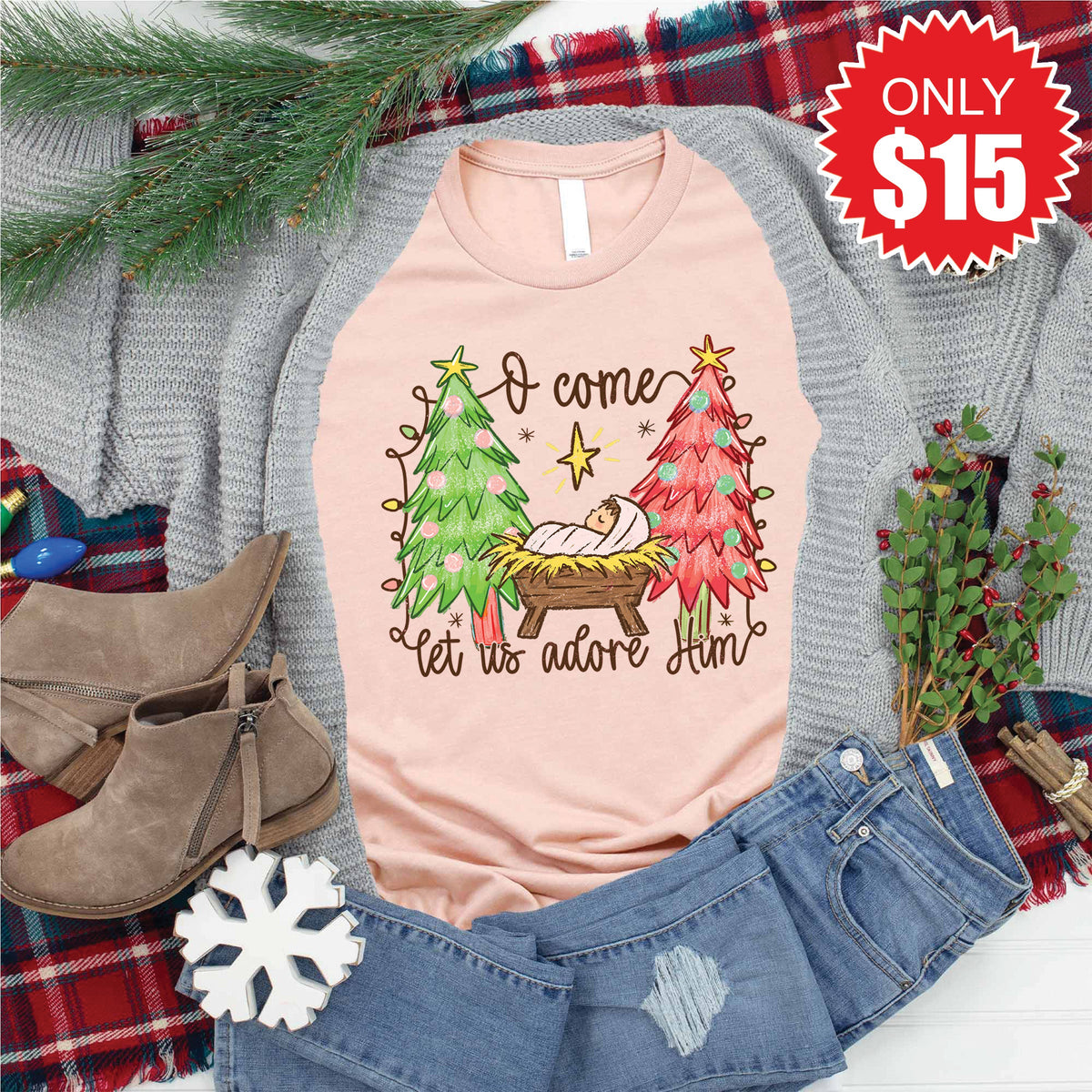 O Come Let Us Adore Him Tee - Heather Peach - 15 product image 1