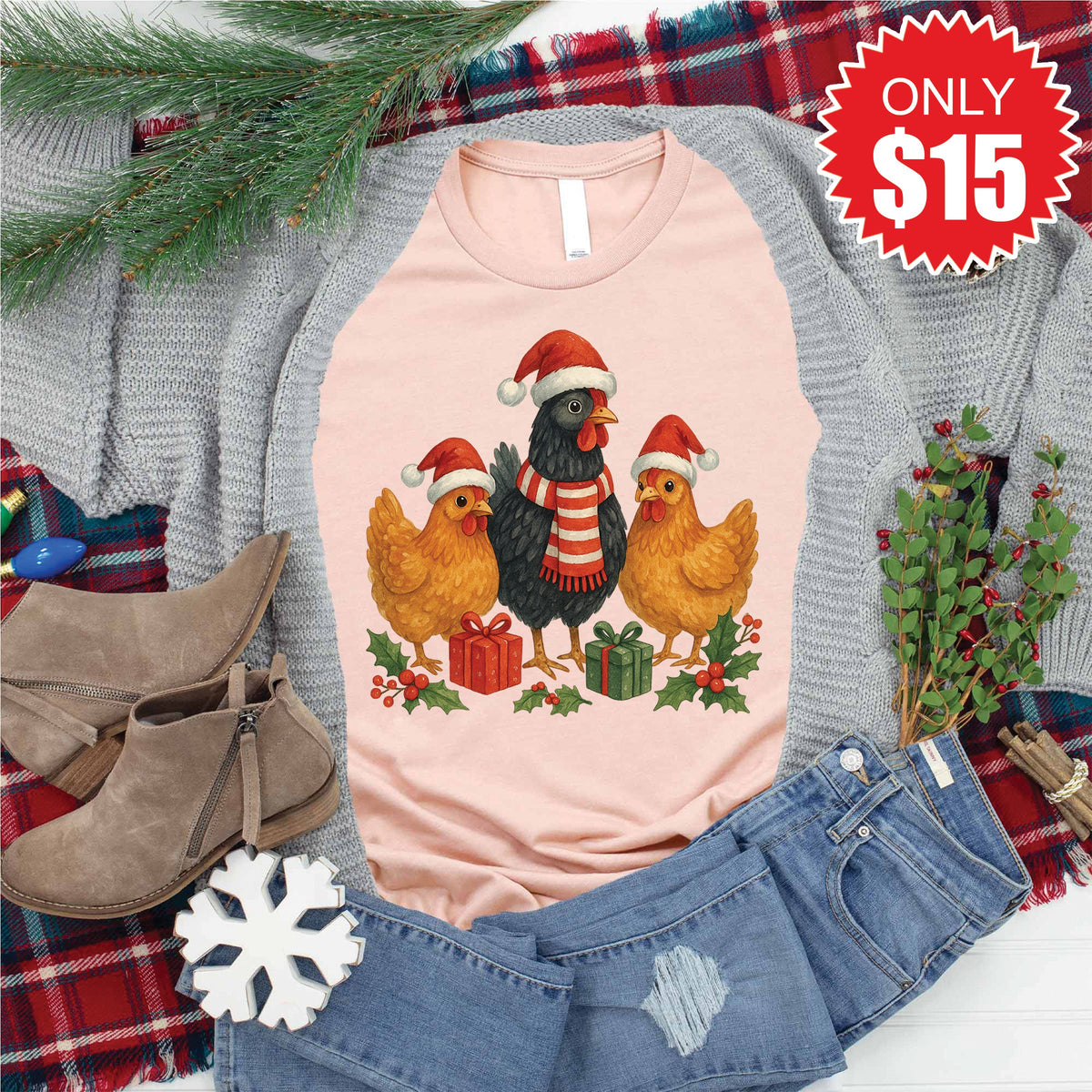 Christmas Chickens Tee - Heather Peach - 15 product image 1