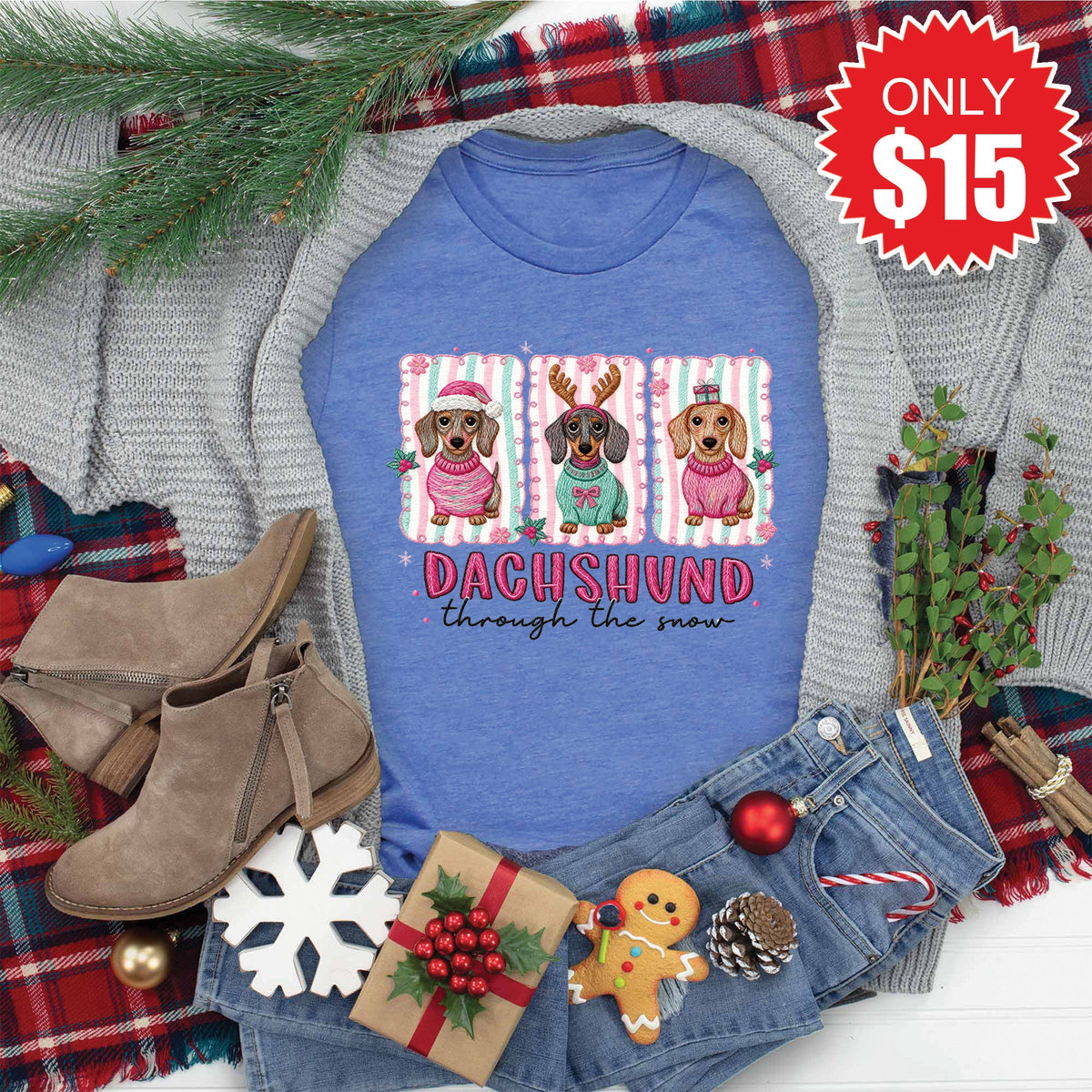 Dachshund Through The Snow Tee - Heather Royal Blue - 15 product image 1