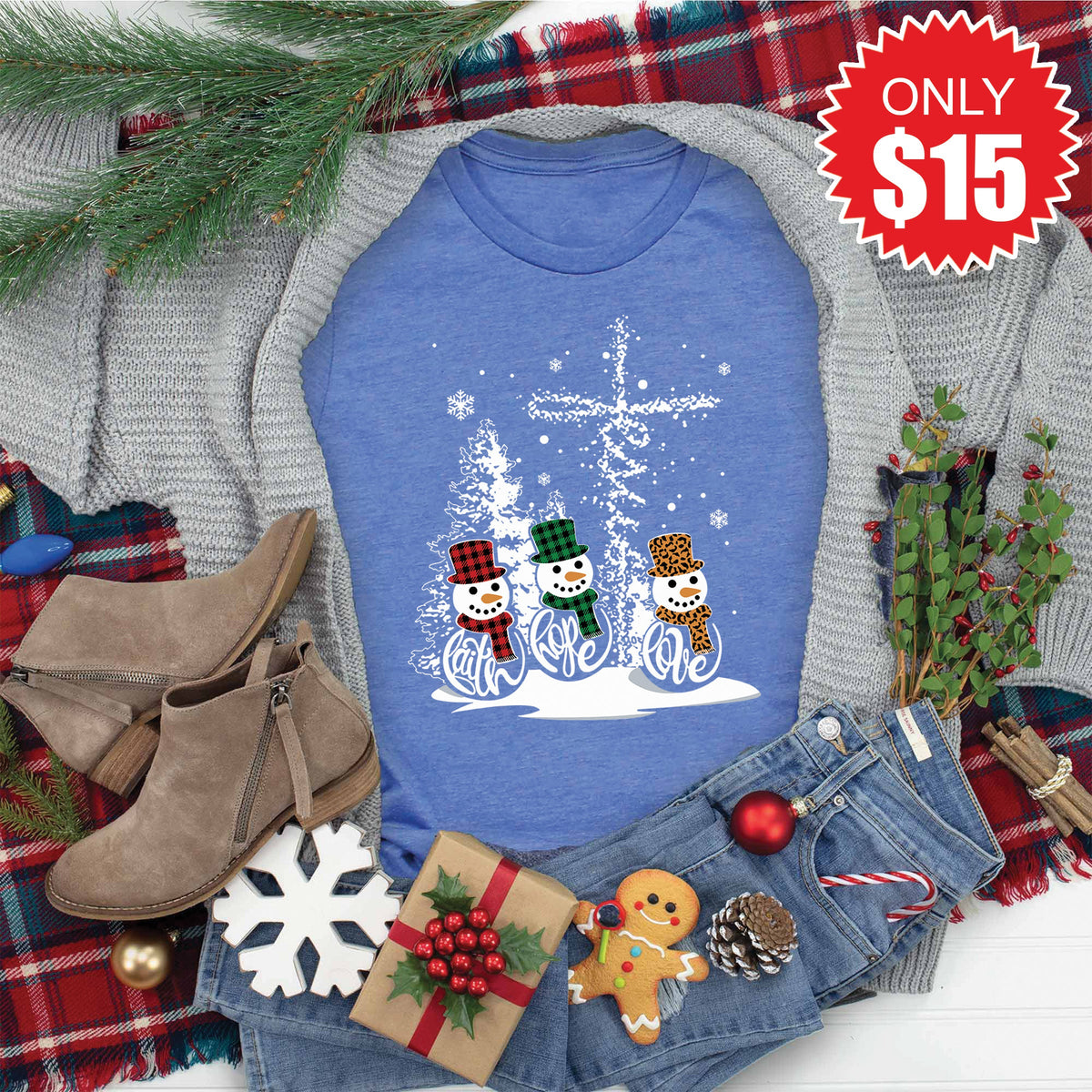 Faith Hope Love Snowmen Tee - Heather Royal Blue - 15 product image 1