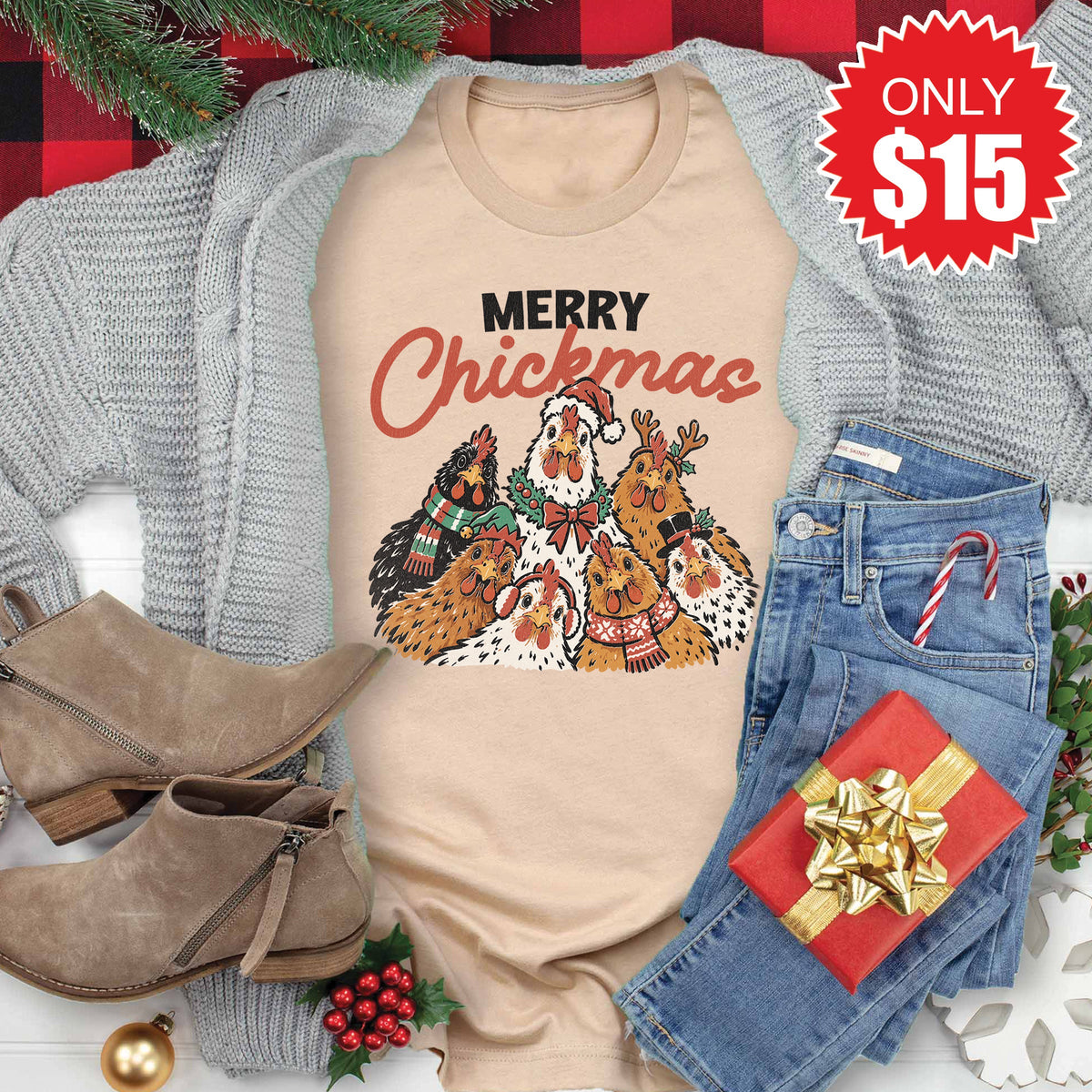 Merry Chickmas Tee - Heather Sand Dune - 15 product image 1