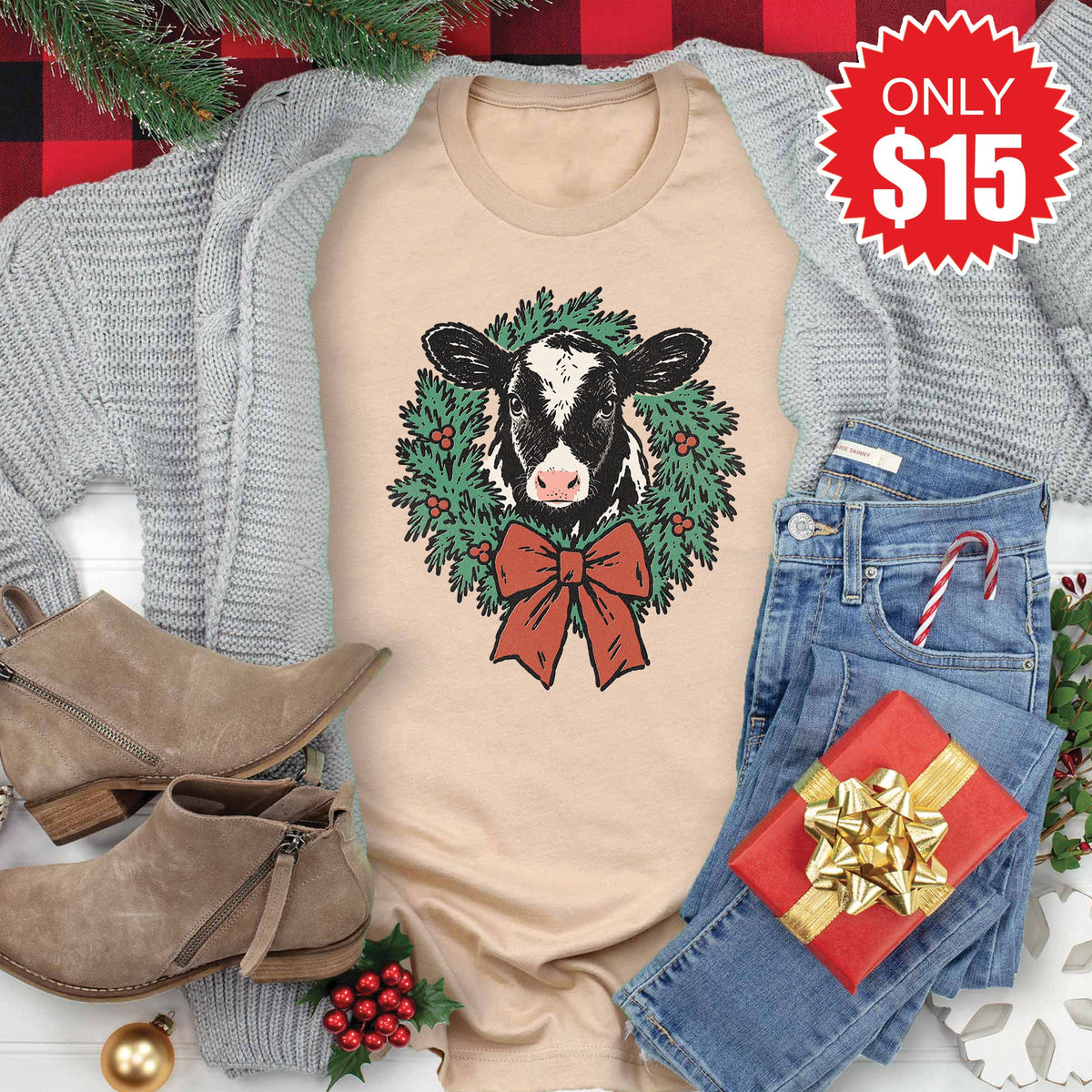 Christmas Cow Tee - Heather Sand Dune - 15 product image 1