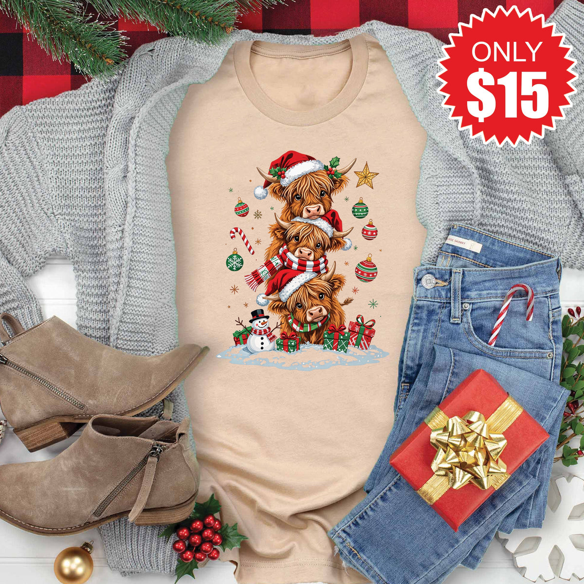 Christmas Cows Tee - Heather Sand Dune - 15 product image 1