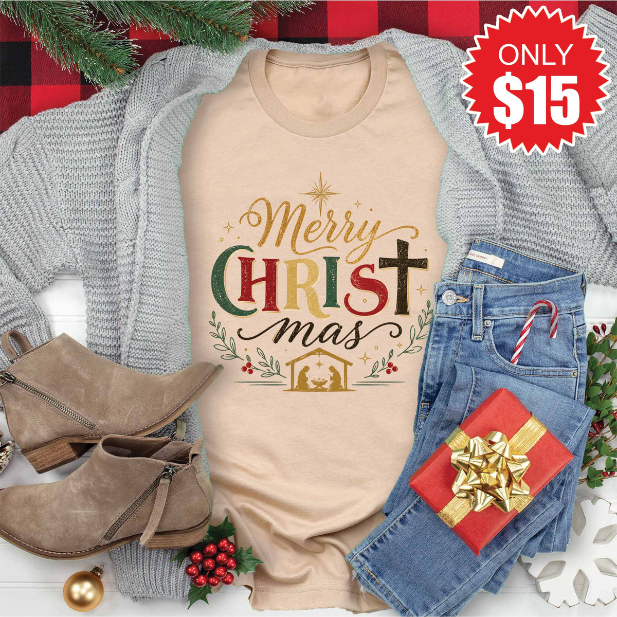Merry Christ Mas Tee - Heather Sand Dune - 15 product image 1