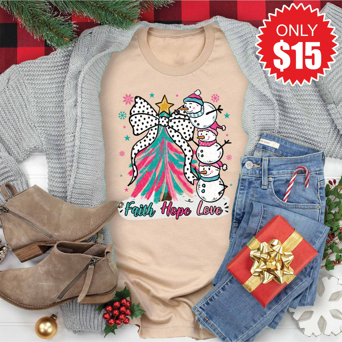 Faith Hope Love Snowman Tee - Heather Sand Dune - 15 product image 1