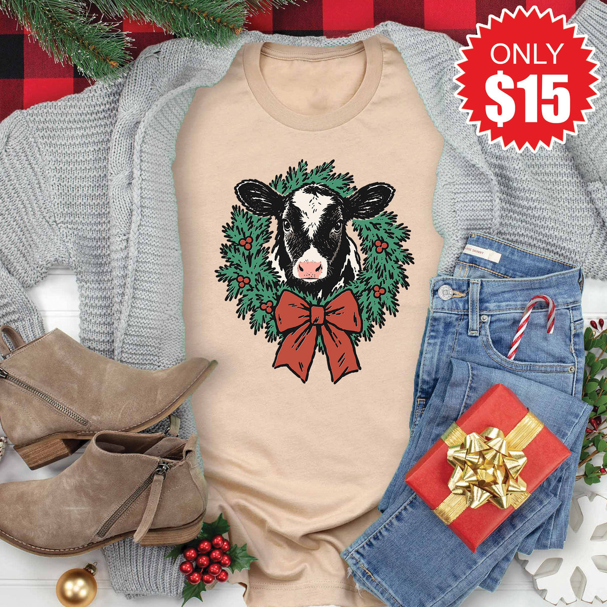 Christmas Cow Tee - Heather Sand Dune - 15 product image 1