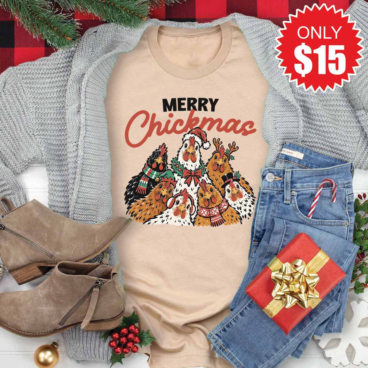 Merry Chickmas Tee - Heather Sand Dune - 15 product image 1