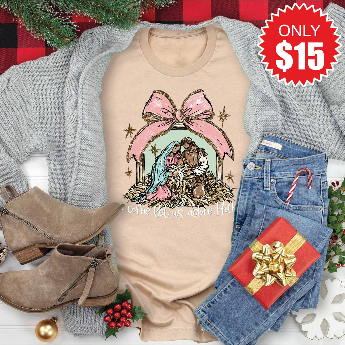 O Come Let Us Adore Him Tee - Heather Sand Dune - 15 product image 1