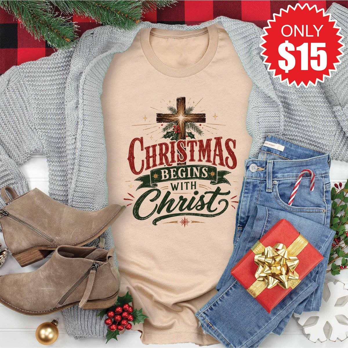 Christmas Begins With Christ Tee - Heather Sand Dune - 15 product image 1