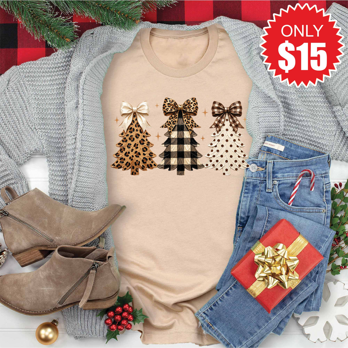 Leopard Christmas Trees Tee - Heather Sand Dune - 15 product image 1
