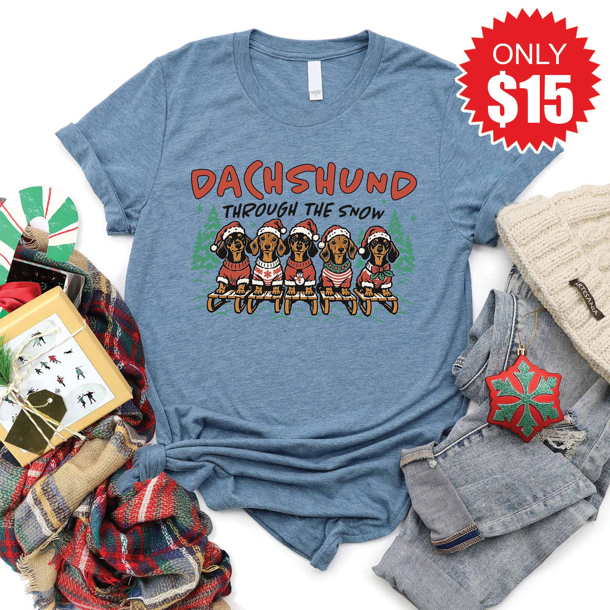 Dachshund Through The Snow Tee - Heather Slate - 15 product image 1
