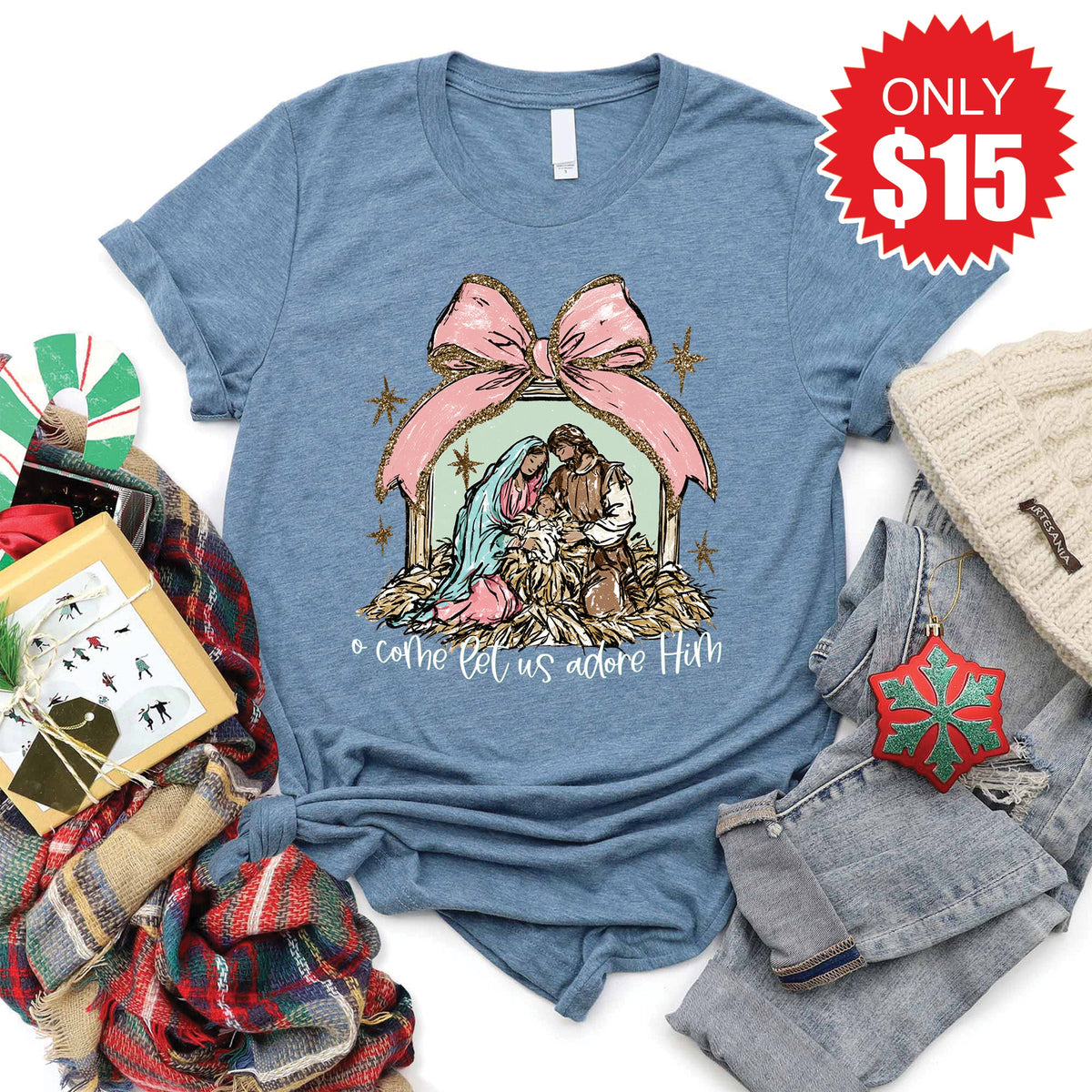 O Come Let Us Adore Him Tee - Heather Slate - 15 product image 1