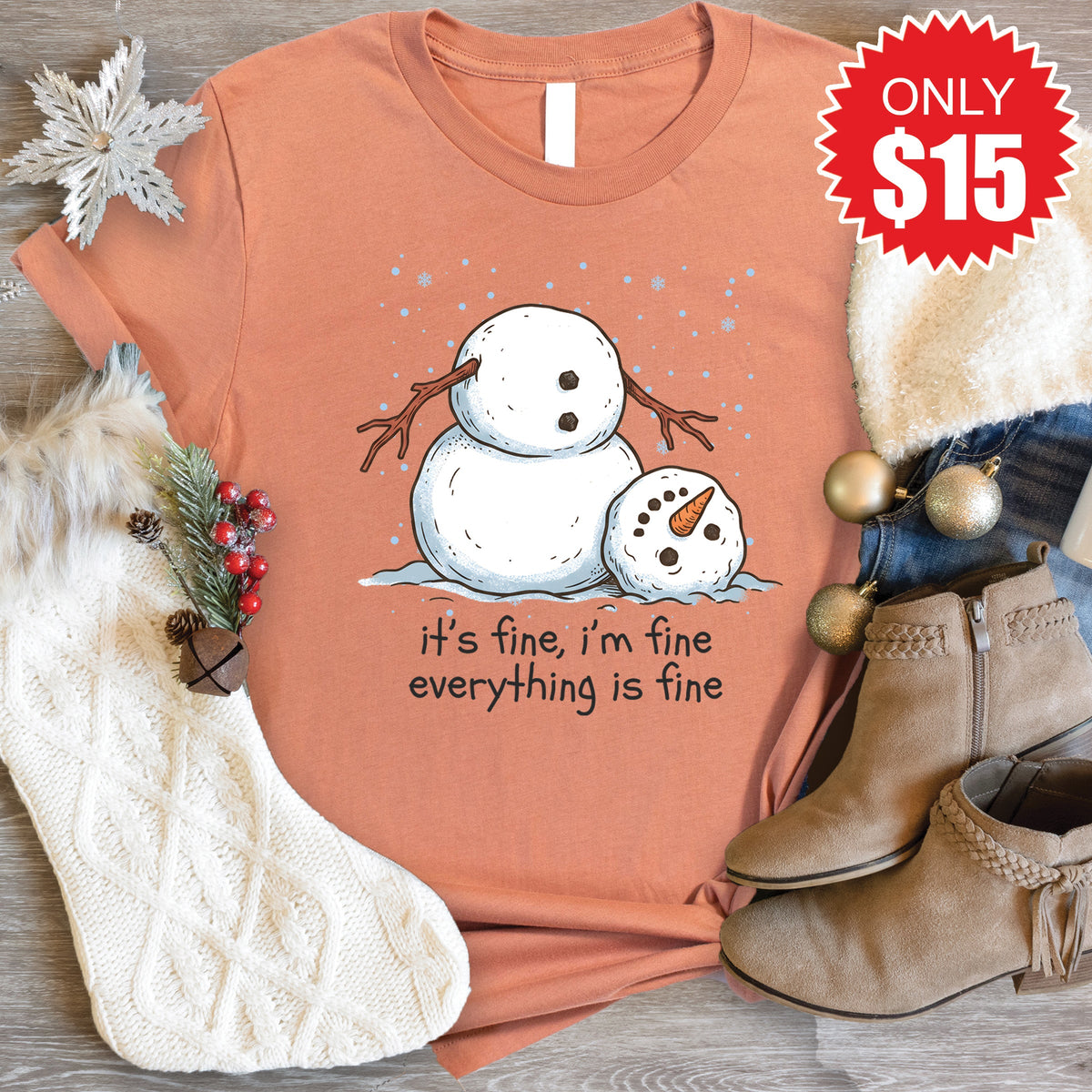 Its Fine Snowman Tee - Heather Terracotta - 15 product image 1