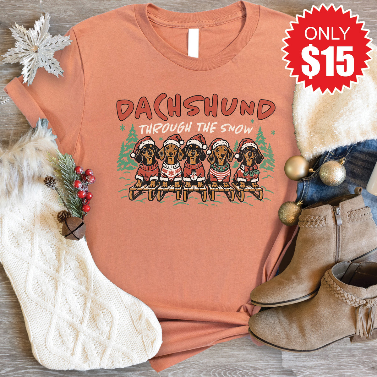 Dachshund Through The Snow Tee - Heather Terracotta - 15 product image 1