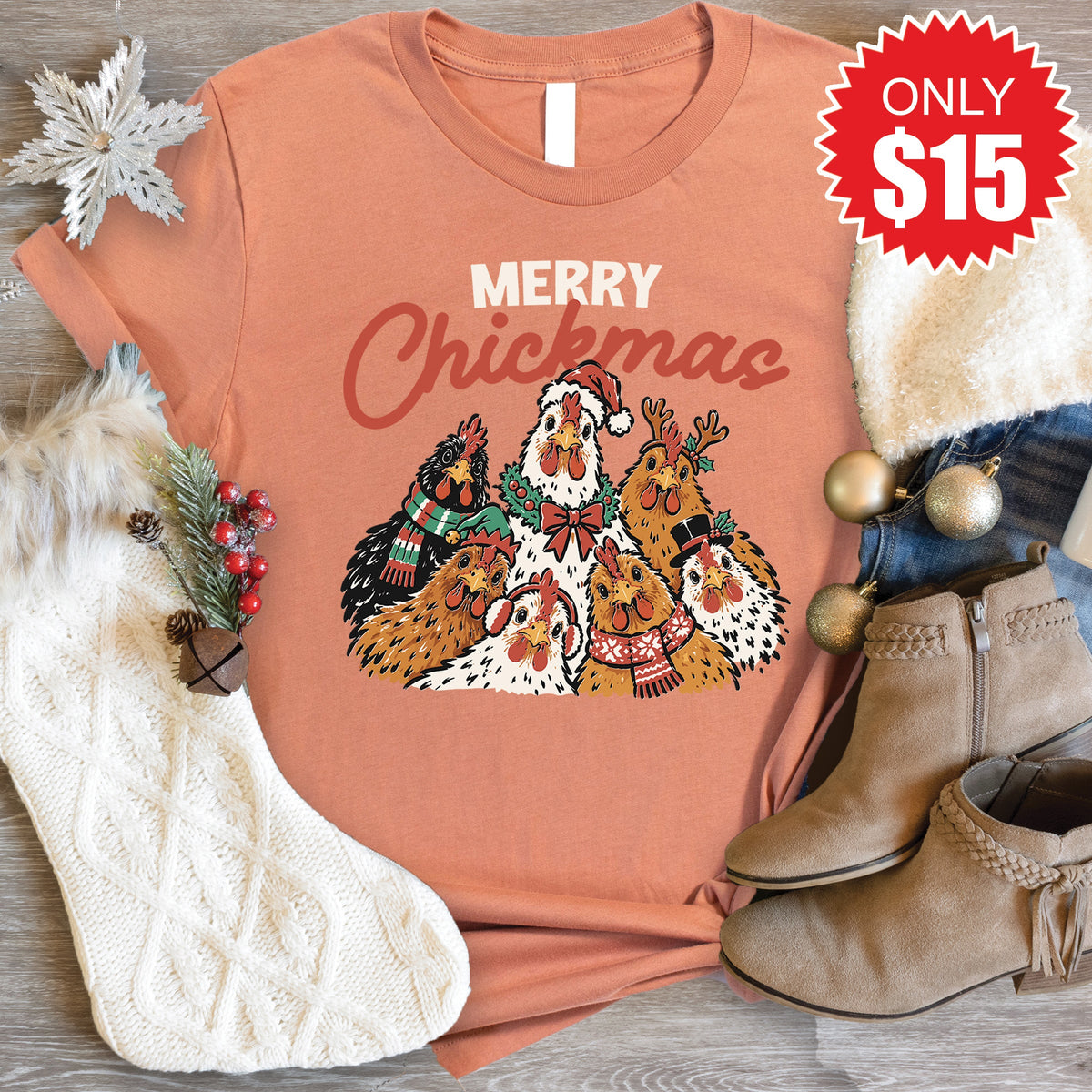 Merry Chickmas Tee - Heather Terracotta - 15 product image 1