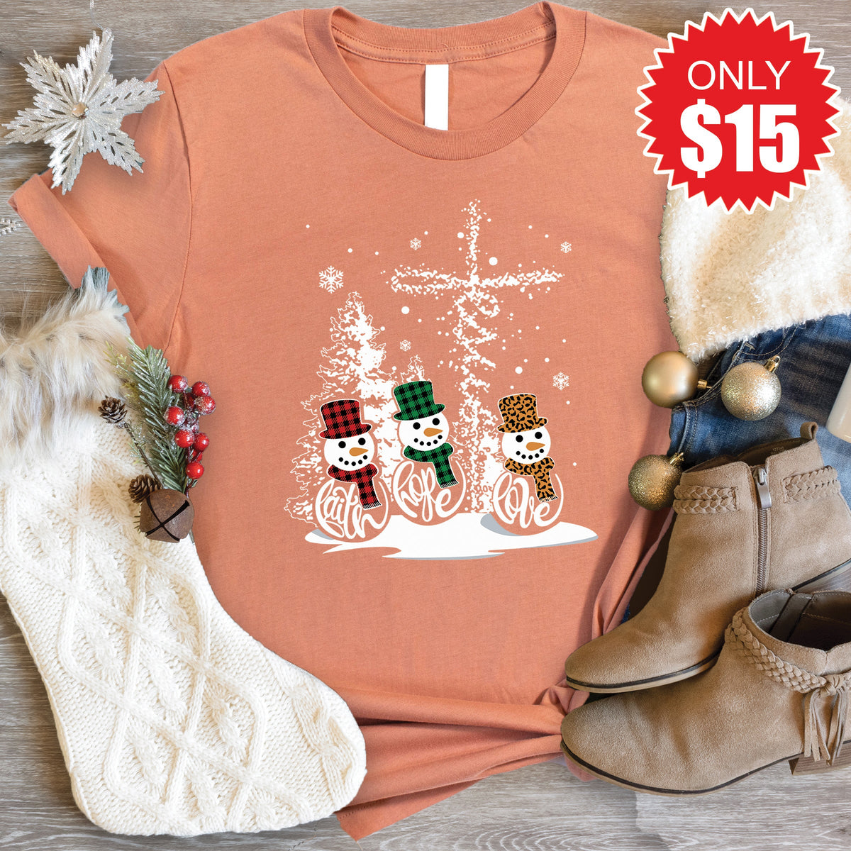 Faith Hope Love Snowmen Tee - Heather Terracotta - 15 product image 1