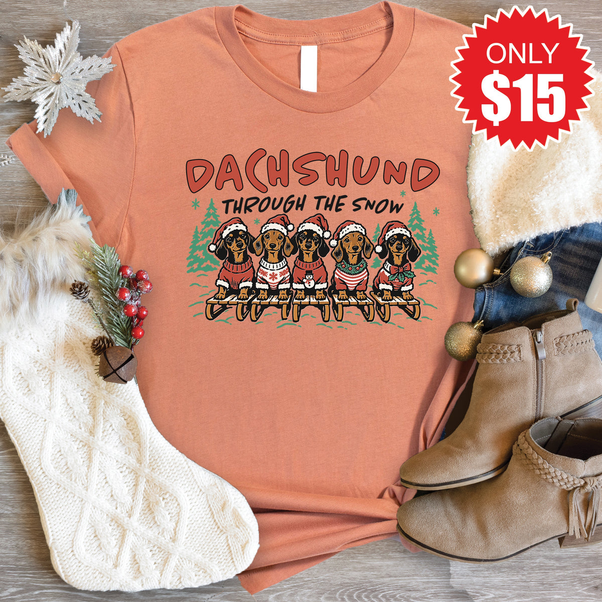 Dachshund Through The Snow Tee - Heather Terracotta - 15 product image 1