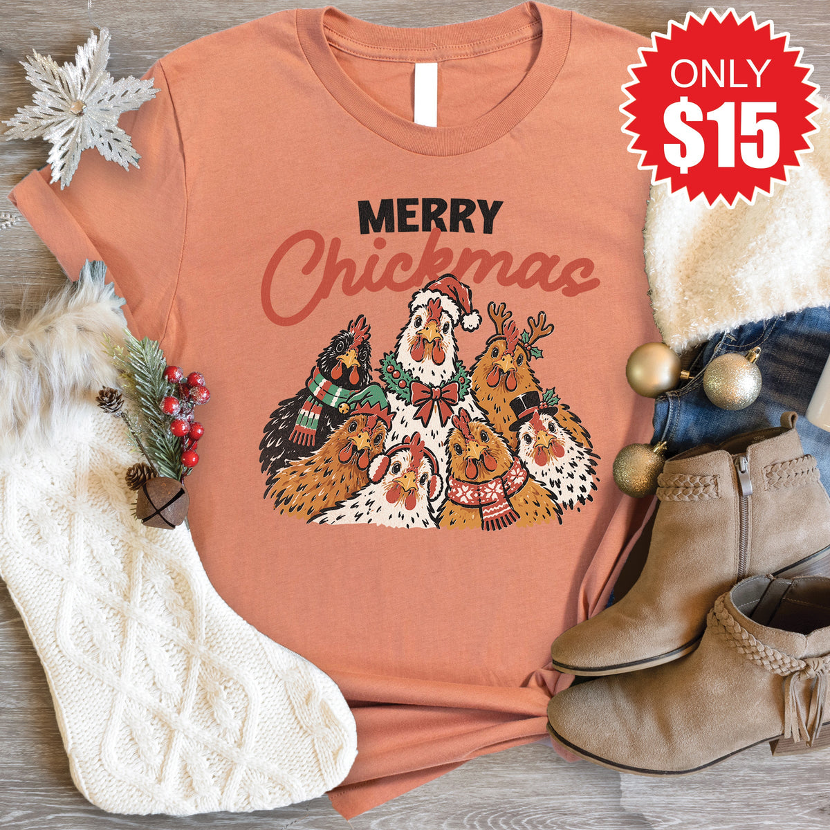 Merry Chickmas Tee - Heather Terracotta - 15 product image 1