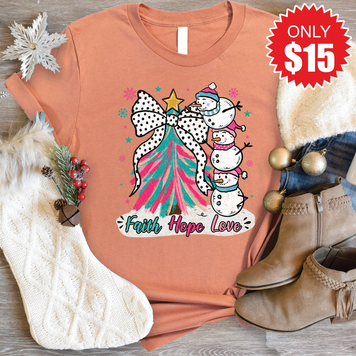Faith Hope Love Snowman Tee - Heather Terracotta - 15 product image 1