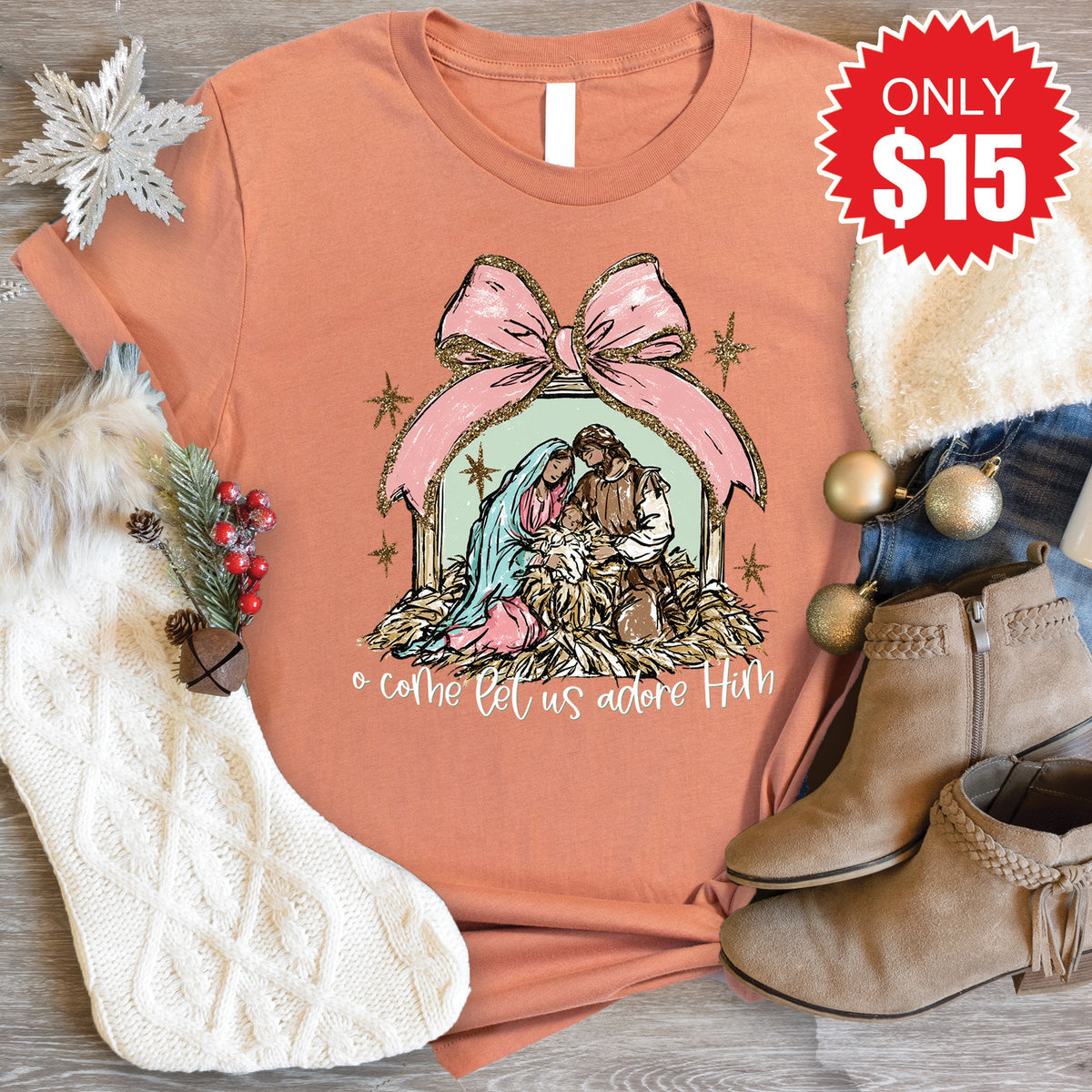 O Come Let Us Adore Him Tee - Heather Terracotta - 15 product image 1