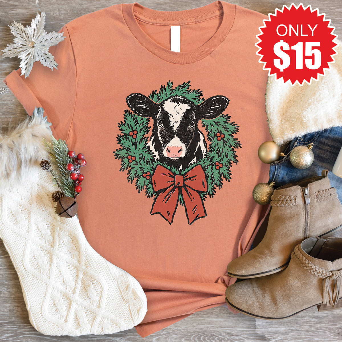 Christmas Cow Tee - Heather Terracotta - 15 product image 1