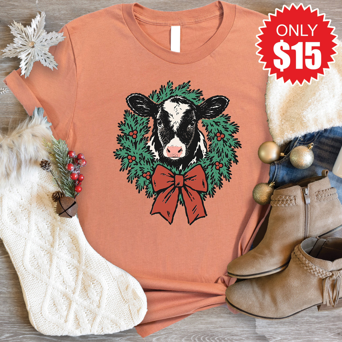 Christmas Cow Tee - Heather Terracotta - 15 product image 1