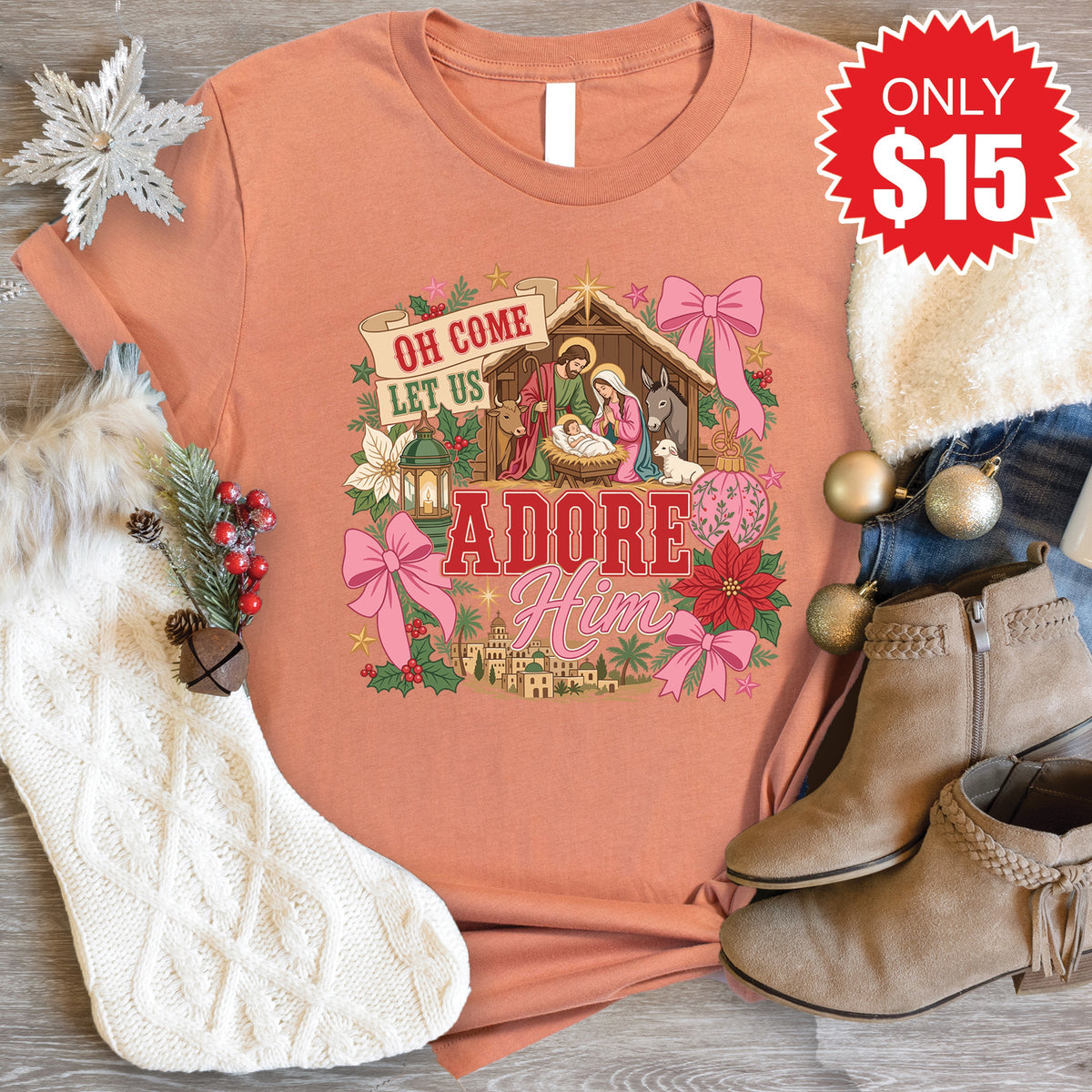 Oh Come Let Us Adore Him Tee - Heather Terracotta - 15 product image 1