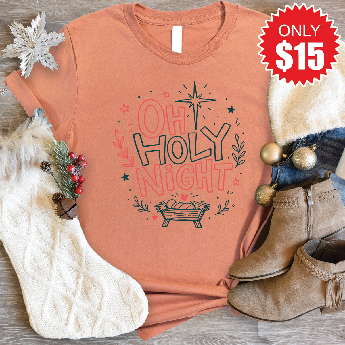 Oh Holy Night Tee - Heather Terracotta - 15 product image 1