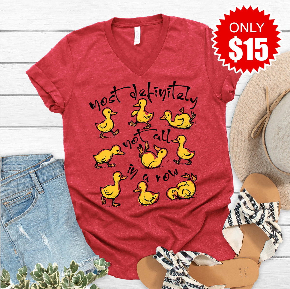 Ducks in a Row V-Neck - Heather Scarlet - 15