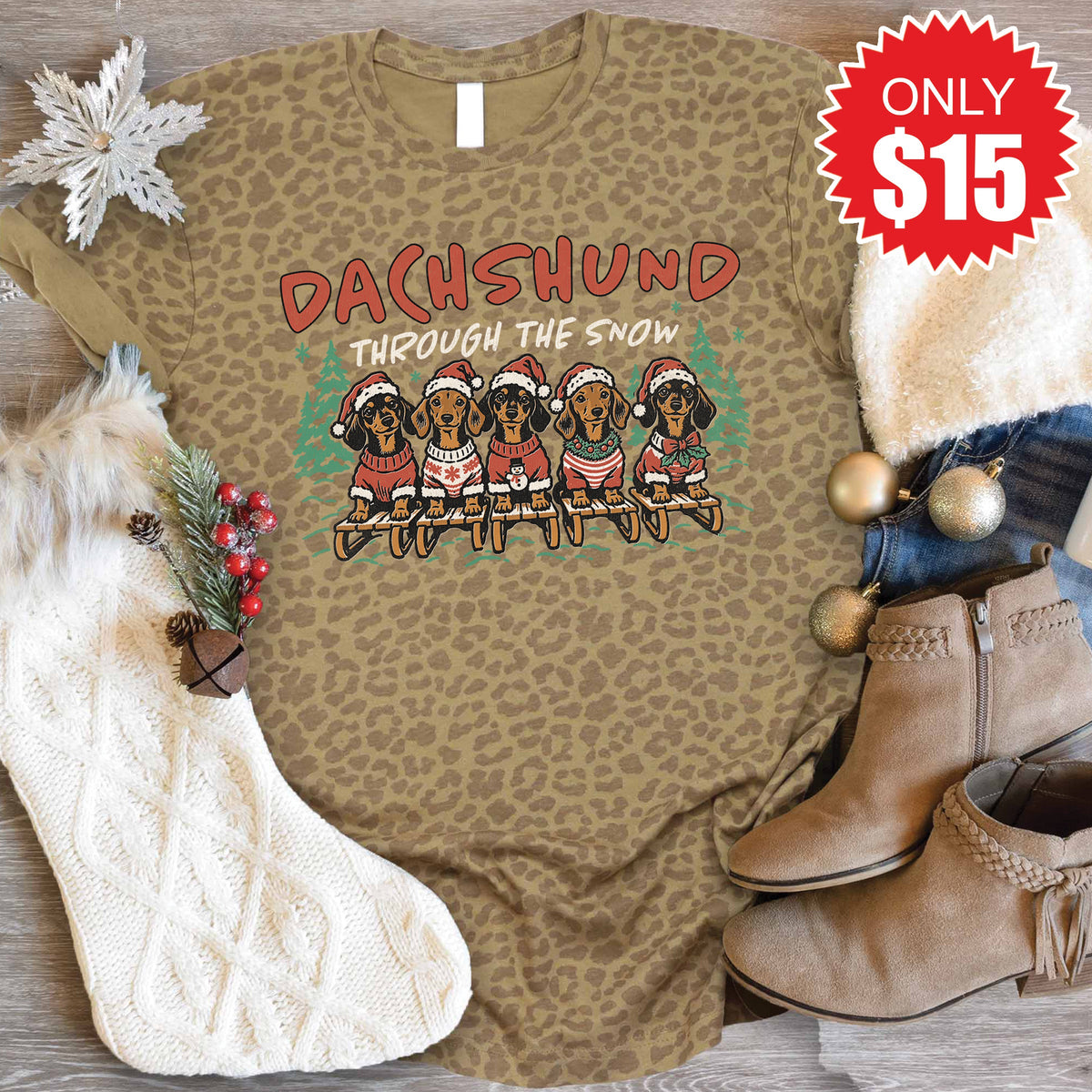 Dachshund Through The Snow Tee - Brown Leopard - 15 product image 1