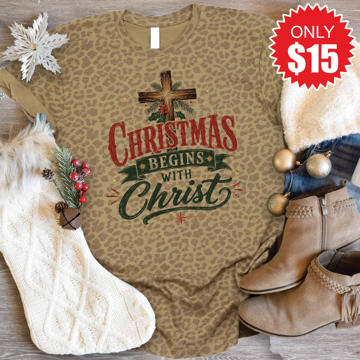 Christmas Begins With Christ Tee - Brown Leopard - 15 product image 1