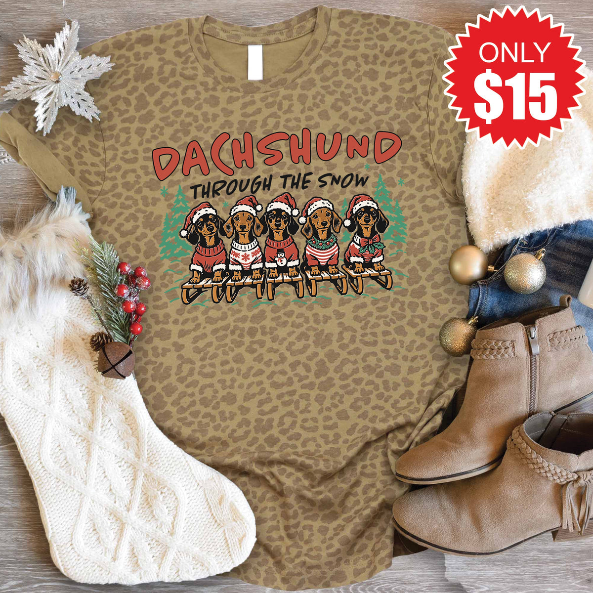 Dachshund Through The Snow Tee - Brown Leopard - 15 product image 1