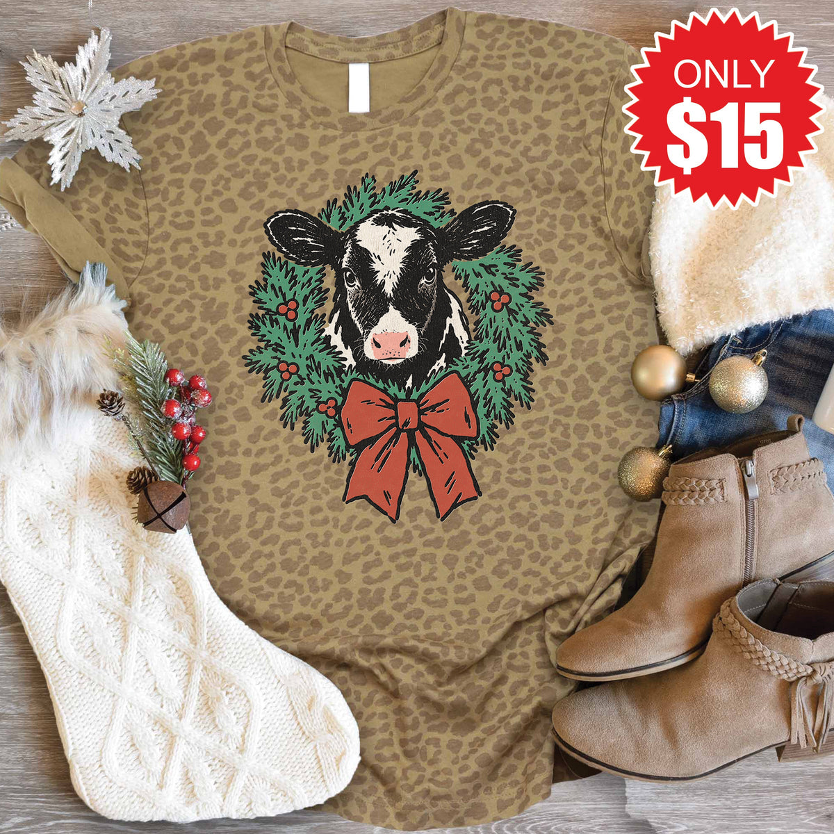 Christmas Cow Tee - Brown Leopard - 15 product image 1