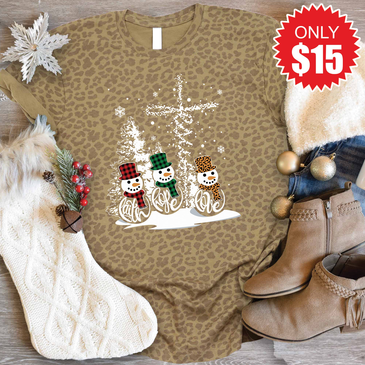 Faith Hope Love Snowmen Tee - Brown Leopard - 15 product image 1