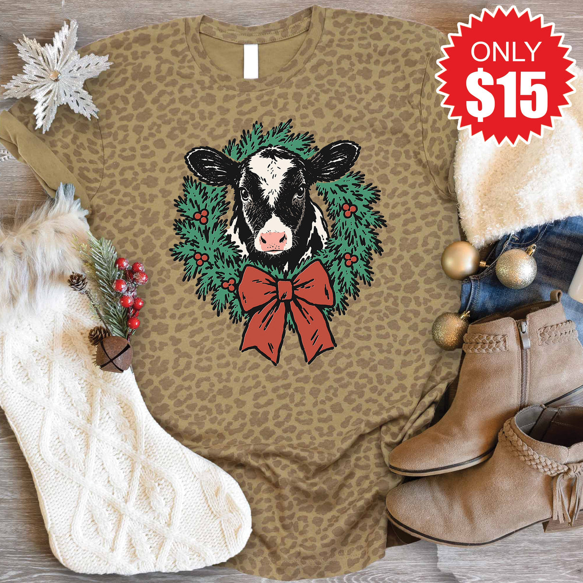 Christmas Cow Tee - Brown Leopard - 15 product image 1