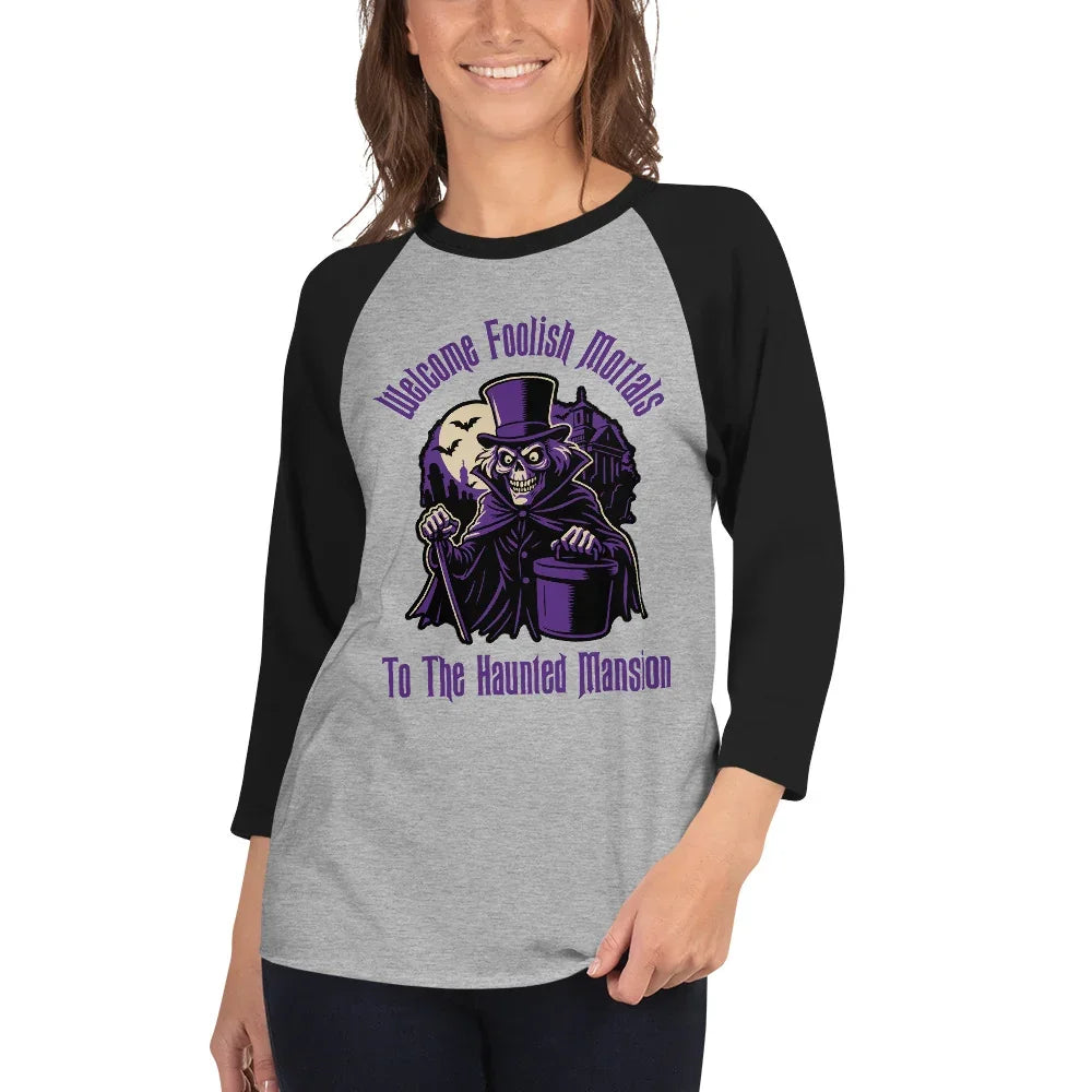 Welcome Foolish Mortals Hatbox Ghost 3/4 sleeve raglan shirt