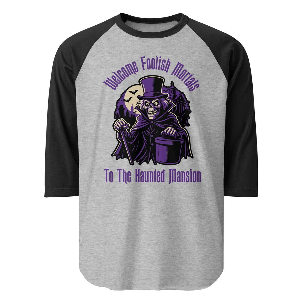 Welcome Foolish Mortals Hatbox Ghost 3/4 sleeve raglan shirt