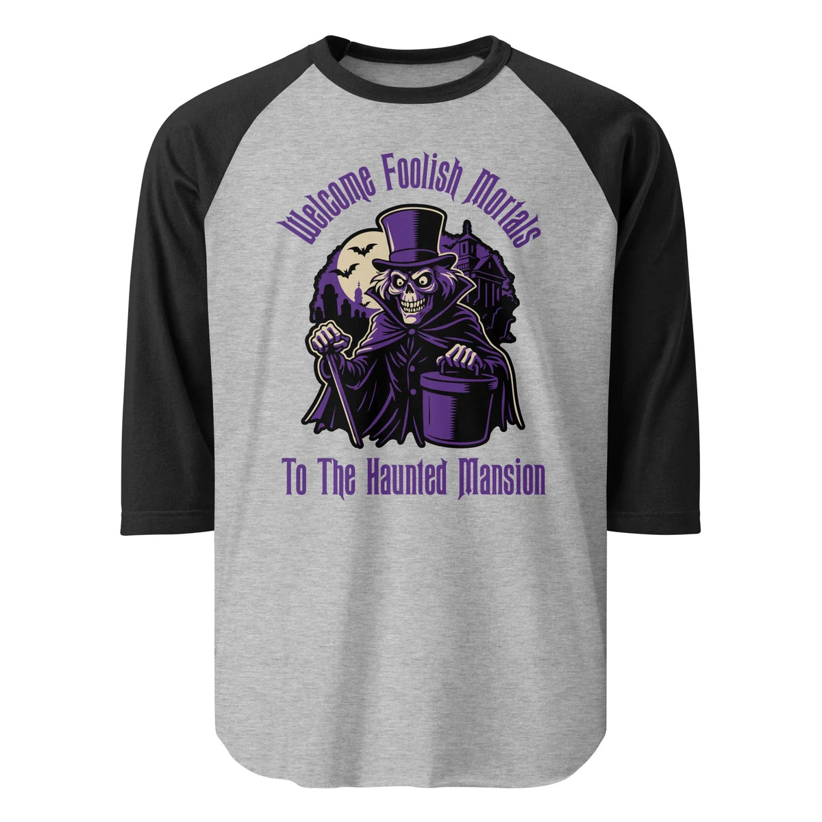 Welcome Foolish Mortals Hatbox Ghost 3/4 sleeve raglan shirt