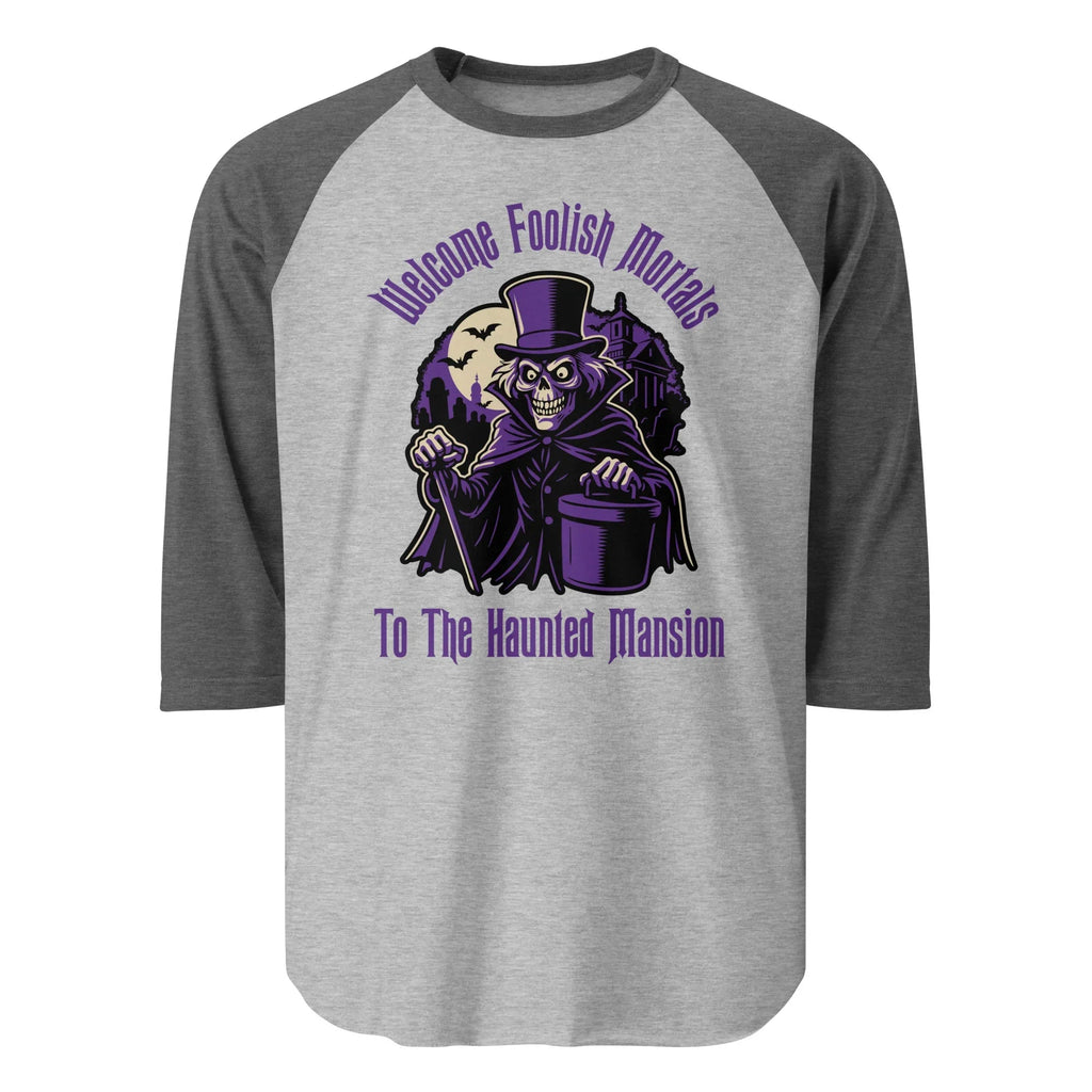 Welcome Foolish Mortals Hatbox Ghost 3/4 sleeve raglan shirt