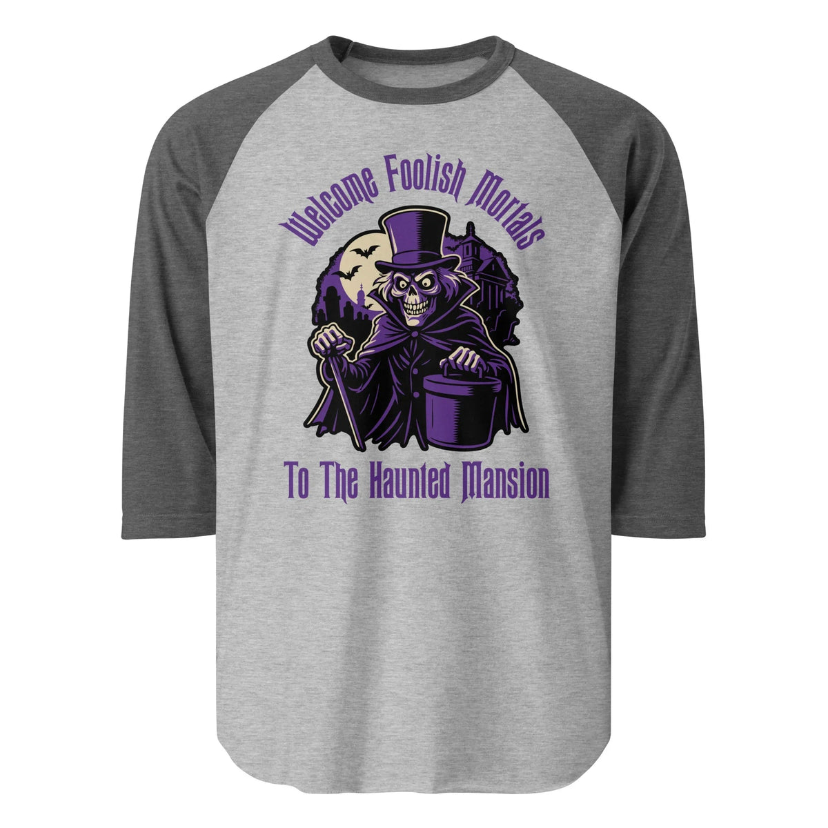 Welcome Foolish Mortals Hatbox Ghost 3/4 sleeve raglan shirt
