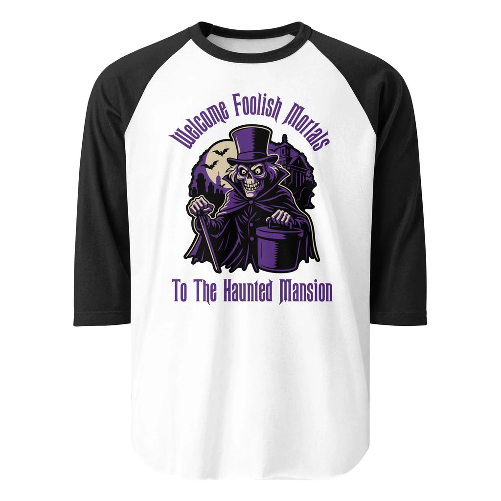 Welcome Foolish Mortals Hatbox Ghost 3/4 sleeve raglan shirt