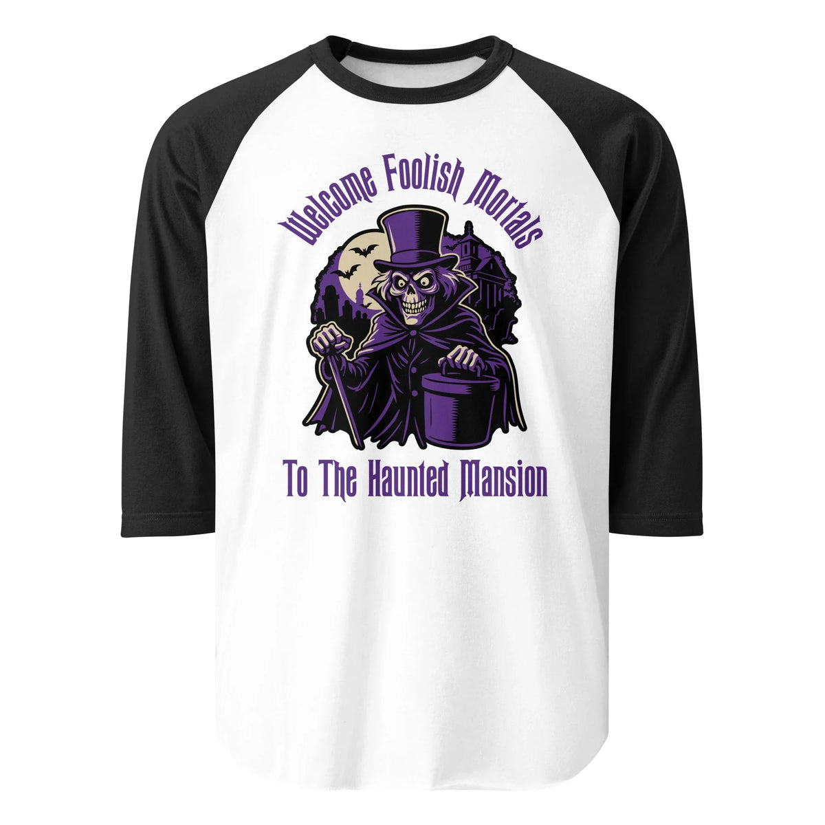Welcome Foolish Mortals Hatbox Ghost 3/4 sleeve raglan shirt