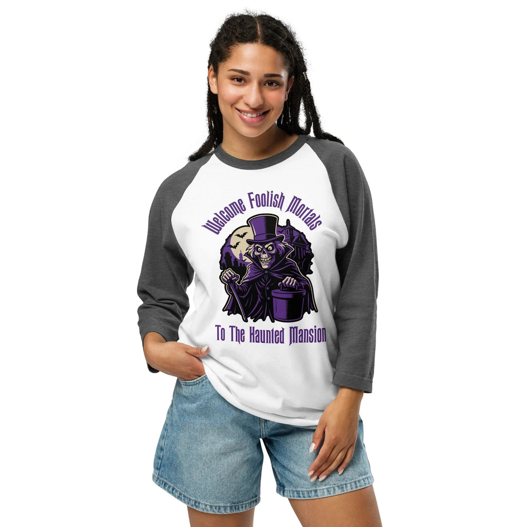 Welcome Foolish Mortals Hatbox Ghost 3/4 sleeve raglan shirt