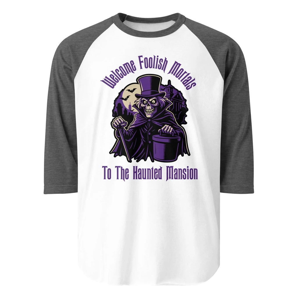 Welcome Foolish Mortals Hatbox Ghost 3/4 sleeve raglan shirt