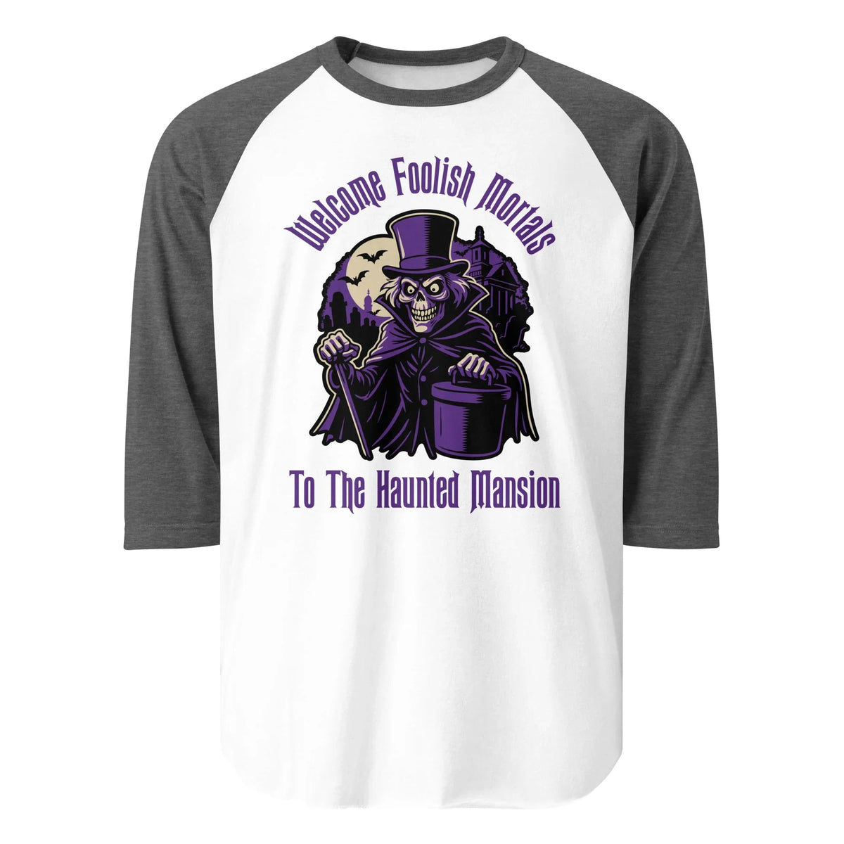 Welcome Foolish Mortals Hatbox Ghost 3/4 sleeve raglan shirt